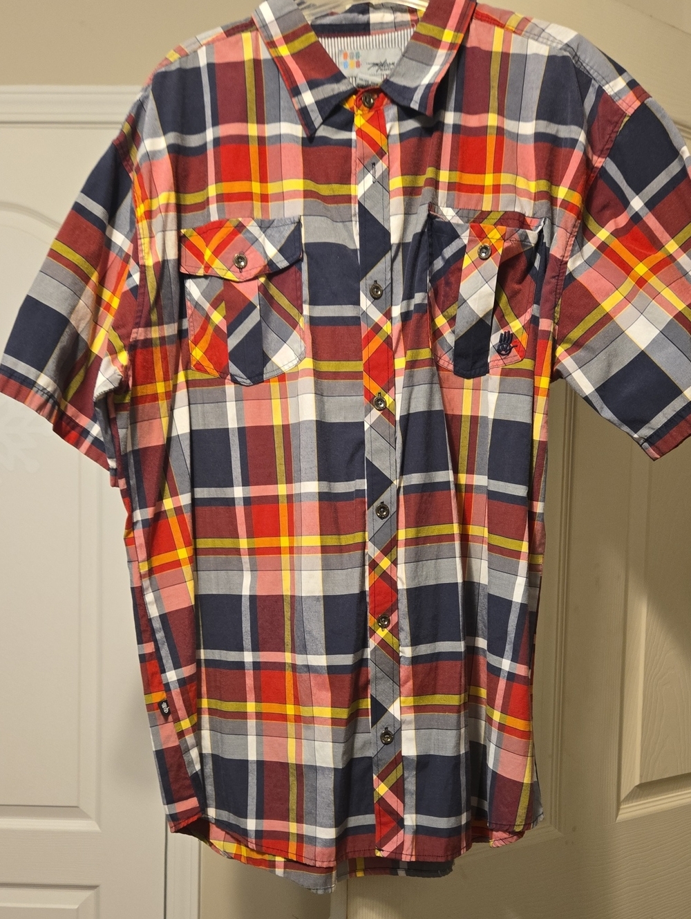 Plaid Short-Sleeve Button-Down Shirt - Navy/Red/Yellow